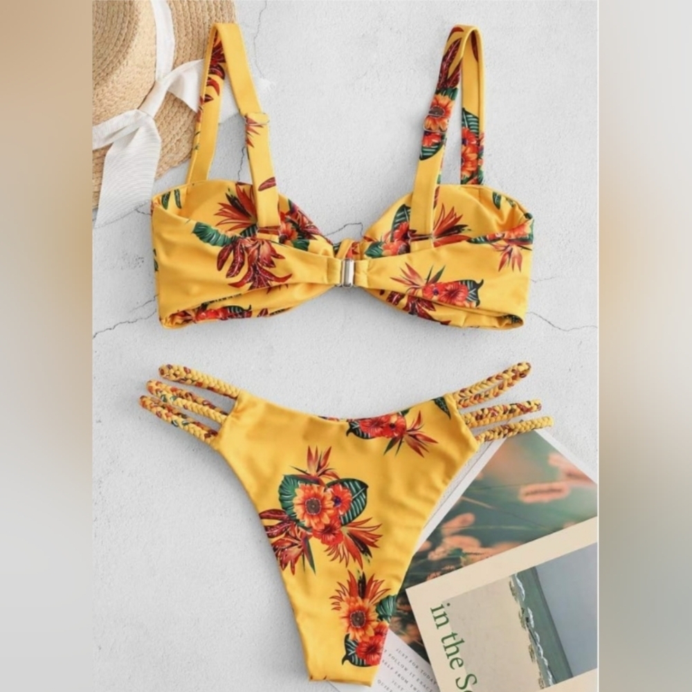 ๐NWOT Luxe Tropical Mustard Yellow Two Piece Bathing Suit Size L๐ - Picture 3 of 8